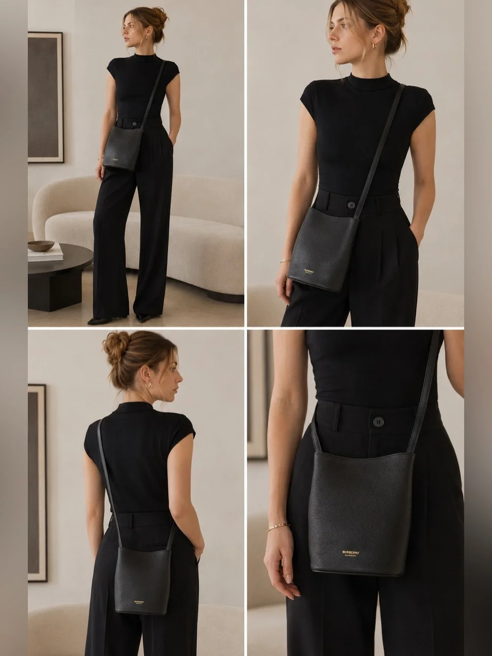 Burberry Black Leather Bucket Bag with Check Strap